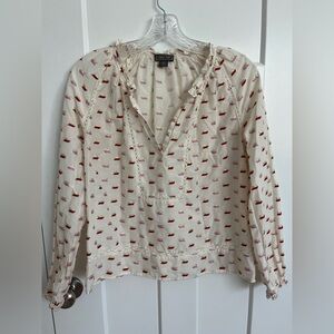 J Crew Point Sur Ruffle-Neck Popover Metallic Clip-Dot Blouse Sz Small EUC Boho